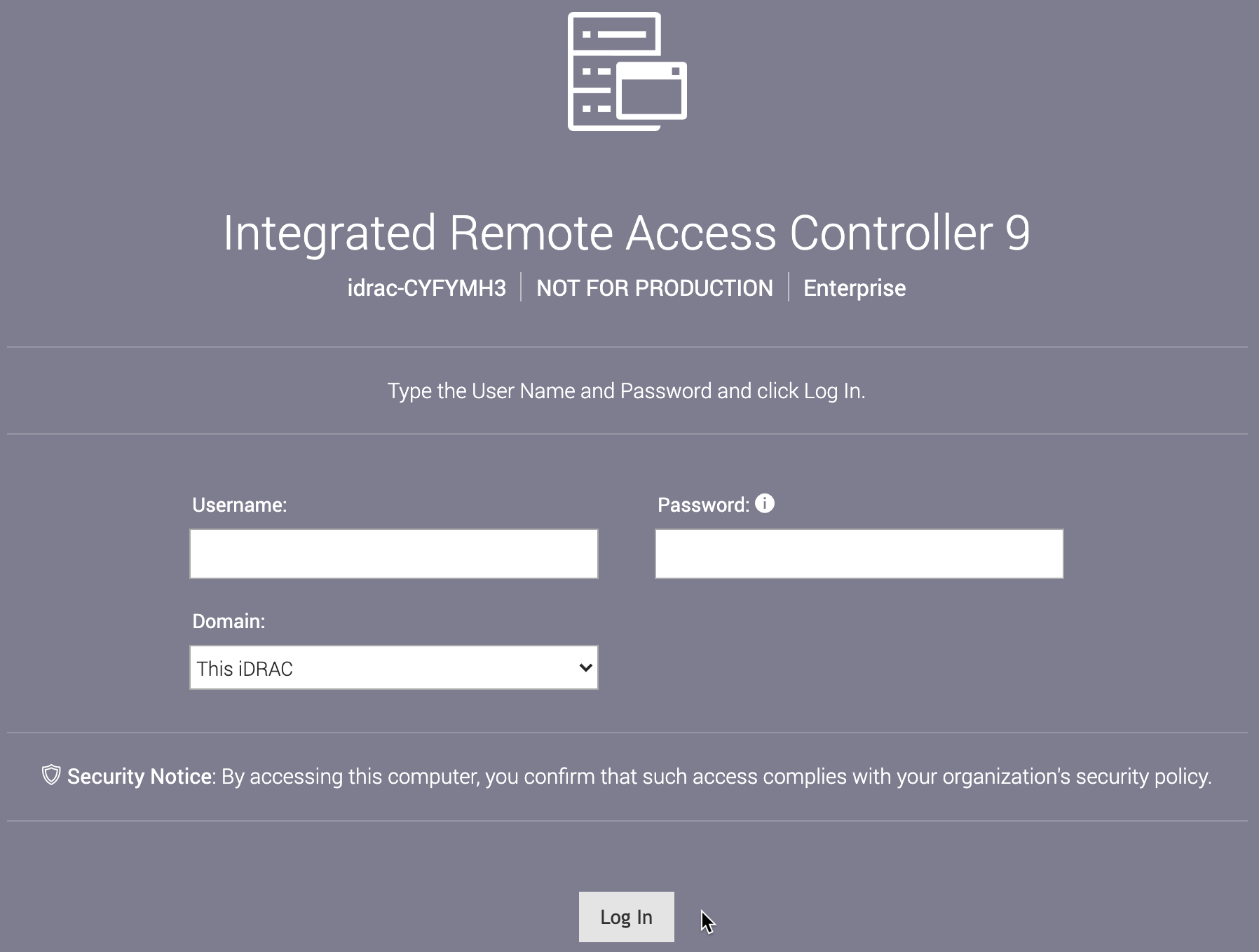 Example iDRAC Login Screen